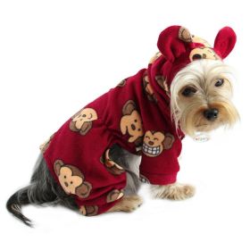 Adorable Silly Monkey Fleece Dog Pajamas/Bodysuit with Hood - Burgundy - L