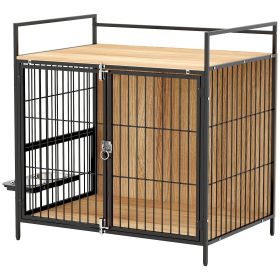 PawHut 30 Inch Dog Crate Furniture, Indoor Pet Kennel Side Table with Rotatable Bowls, 2 Anti-Escape Doors, for M Dogs, Oak